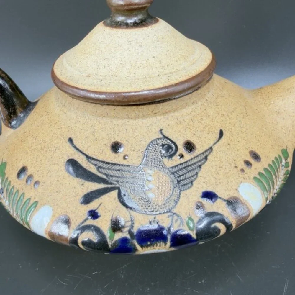 Hand Made Mexico Pottery‎ Tonala Signed Neto Mexico Teapot Carafe Jug Bird Decor
